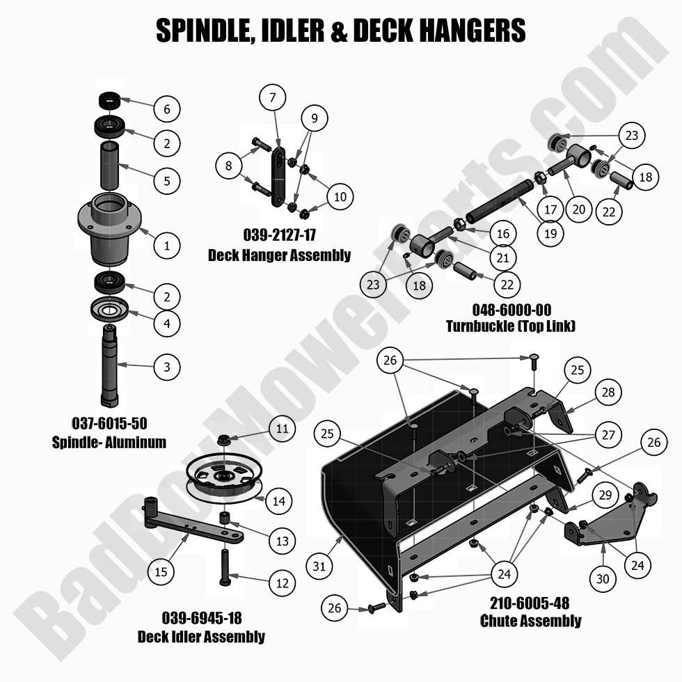 2731 - Bad Boy Mower Parts Lookup > 2021 > Compact Outlaw > Spindle, Idler & Deck Hangers